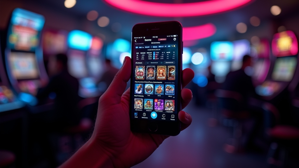 Smartphone showing a casino app interface in a dark neon-lit room