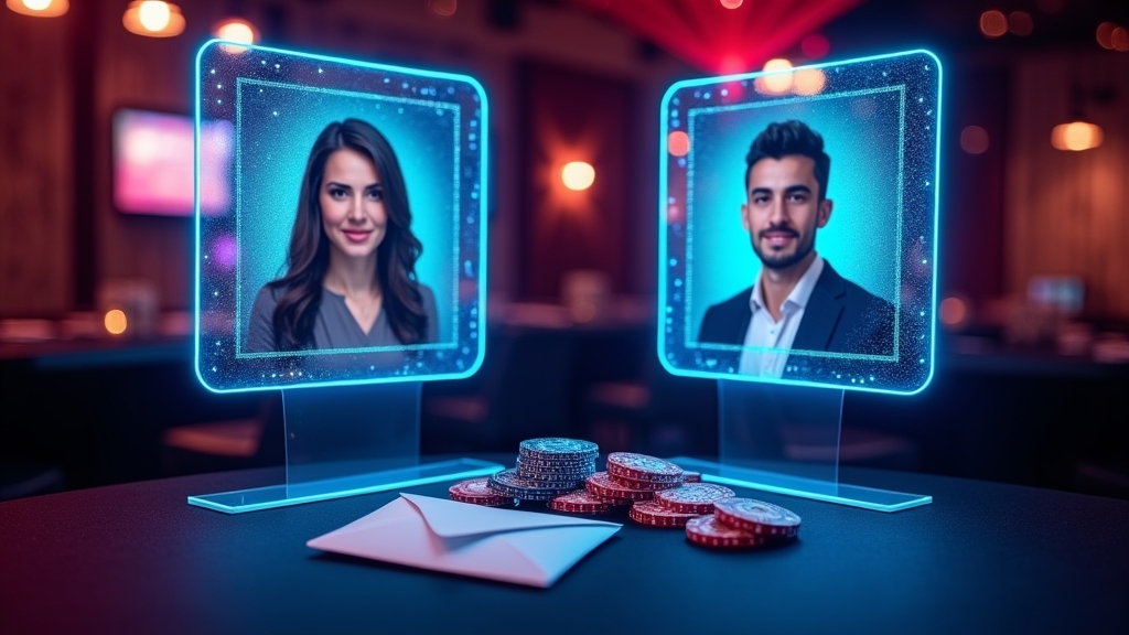 Two casino player profiles with glowing bonus envelopes in a dark lounge