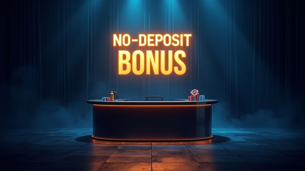 Casino registration desk with a glowing no-deposit bonus banner and bonus icons