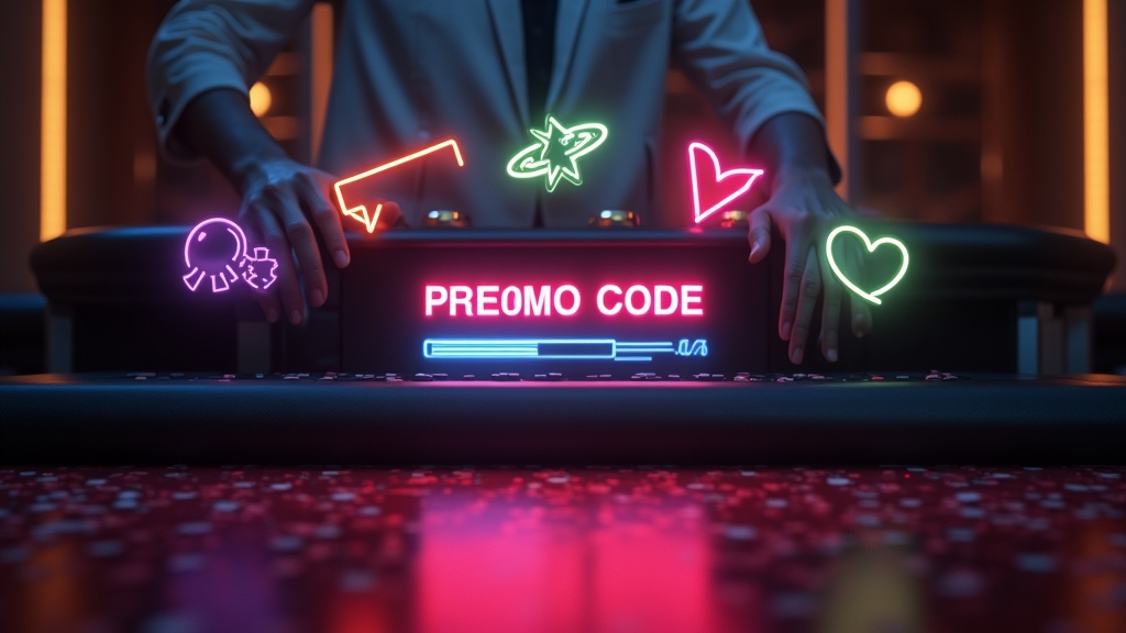 Casino cashier screen showing a promo code field with neon bonus symbols
