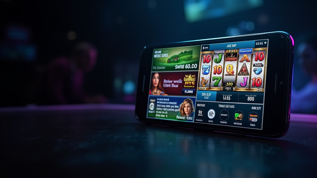 Mobile screen with sports odds and slot reels in a dark casino scene